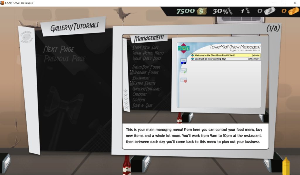Main managing menu Game tutorial - Cook, Serve, Delicious! Review - The Gamerian blog