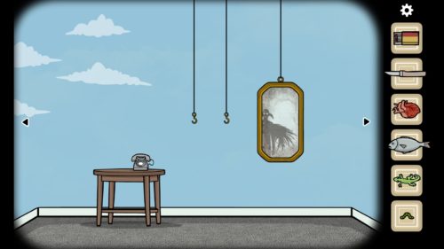Clouds, phone on table, hooks and a bird figure in the mirror - Samsara Room Review Steam Game Rusty Lake - thegamerian.com