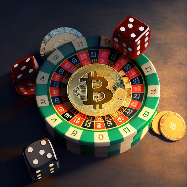 Bitcoin cryptocurrency on roulette wheel with dice - What is Crypto Gambling How Crypto Casinos Work in The World Of Online Betting - thegamerian.com