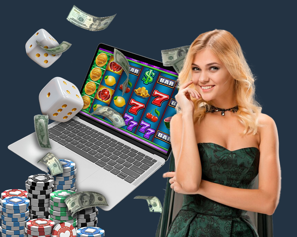Pretty blonde lady in dark green dress posing next to an online casino laptop - Newest RTG Casinos - The Gamerian thegamerian.com Gaming Blog