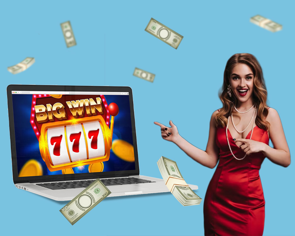 A lady dressed in red pointing at a laptop featuring slot machine big win 777 with cash flying - How to Play Casino Games - thegamerian.com Gaming Blog 
