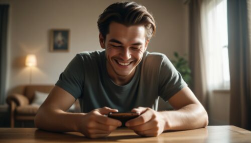 Man smiling while playing mobile games - The Rise of Mobile Gambling - thegamerian.com gaming blog