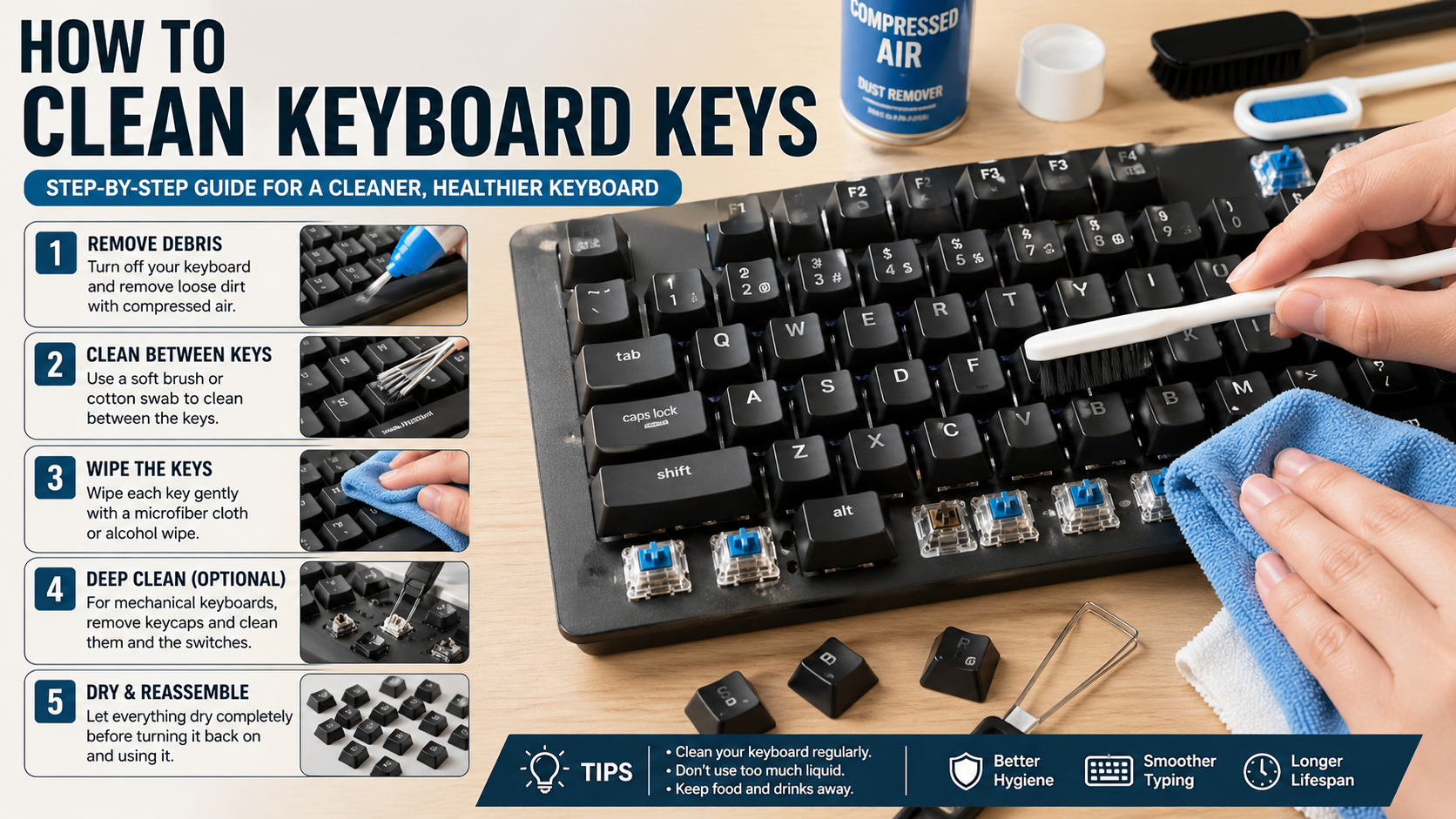 How to clean keyboard keys infographic - The Gamerian gaming blog