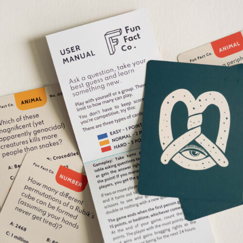 Fun Fact Co. User Manual card explaining the Easy, Normal, and Hard difficulty point system, next to Animal and Number trivia cards and a pretzel-eye card back