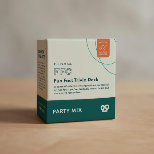 Fun Fact Co. The Party Mix I Trivia Card Game box on a wooden table