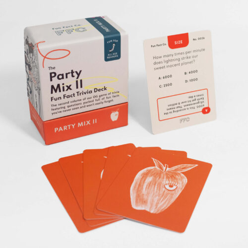 The Party Mix II trivia cards fanned out showing a Size category trivia question