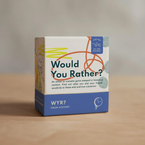 Fun Fact Co. Would You Rather From History card game box on a wooden table